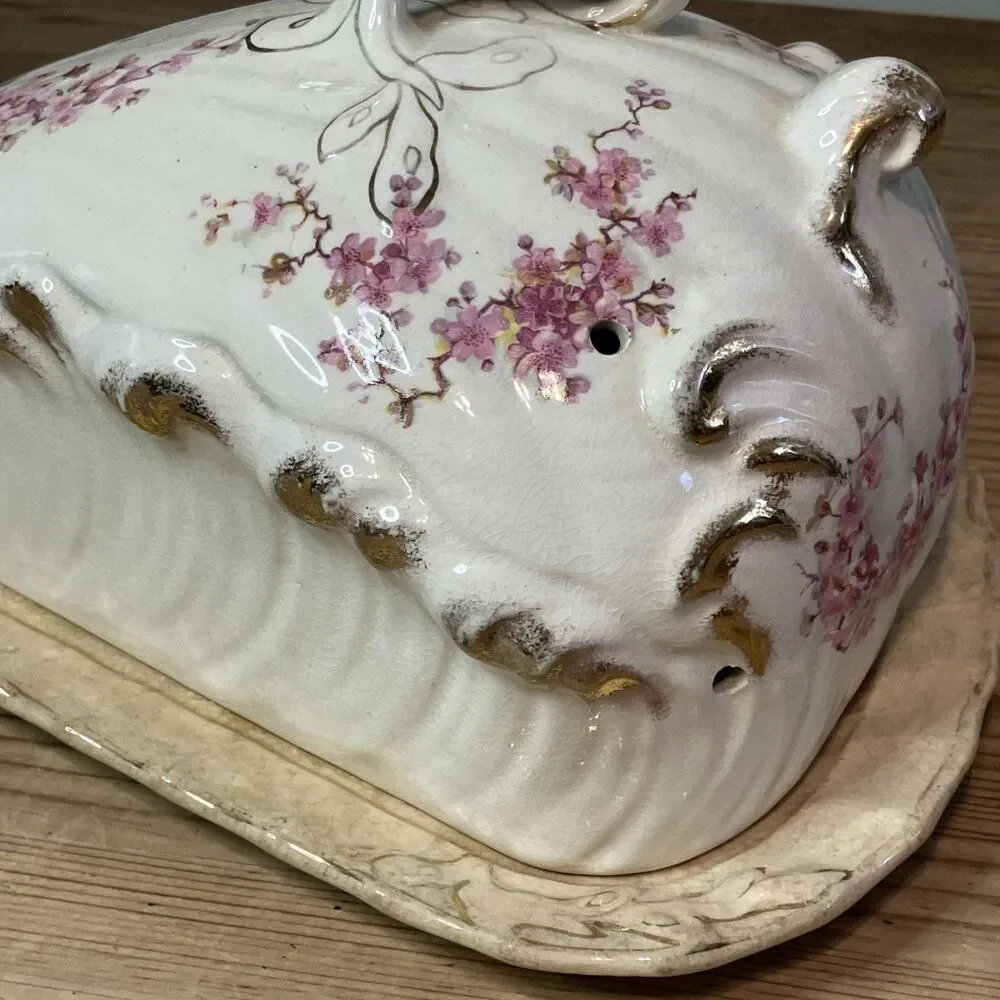 Antique Porcelain Butter Cheese Keeper W/ Lid Pink Flowers Cherry Blossom Gold